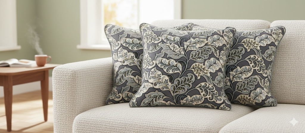 Jacobean Botanical Throw Pillow Cover - Charcoal Grey & Cream Chintz Print Accent Cushion