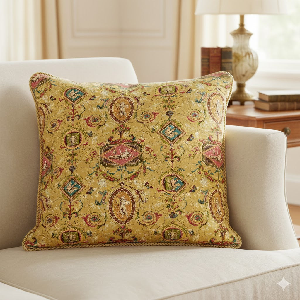 Luxury Neoclassical Throw Pillow - Mustard Gold & Teal Louis XVI Mythological Cushion