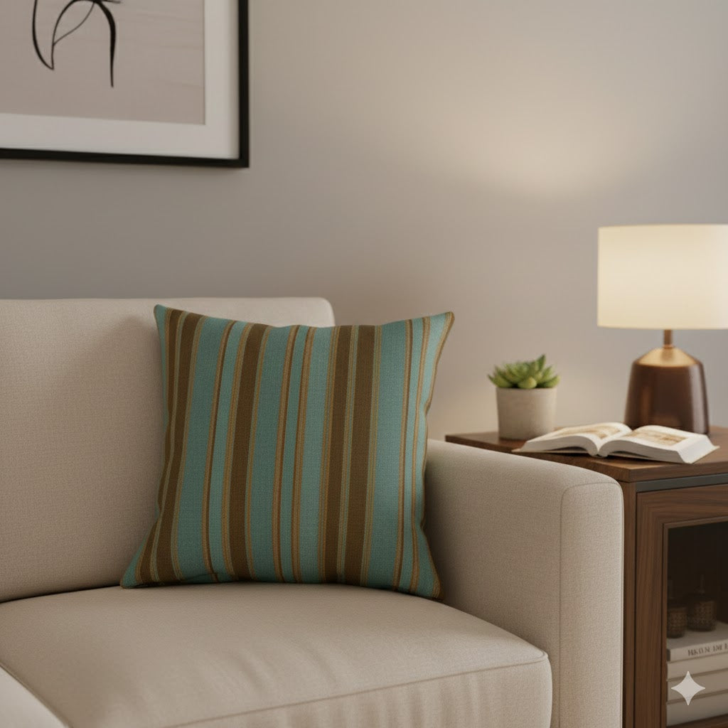 Mid-Century Stripe Throw Pillow - Teal & Brown Accent Cushion for Sofa Decor