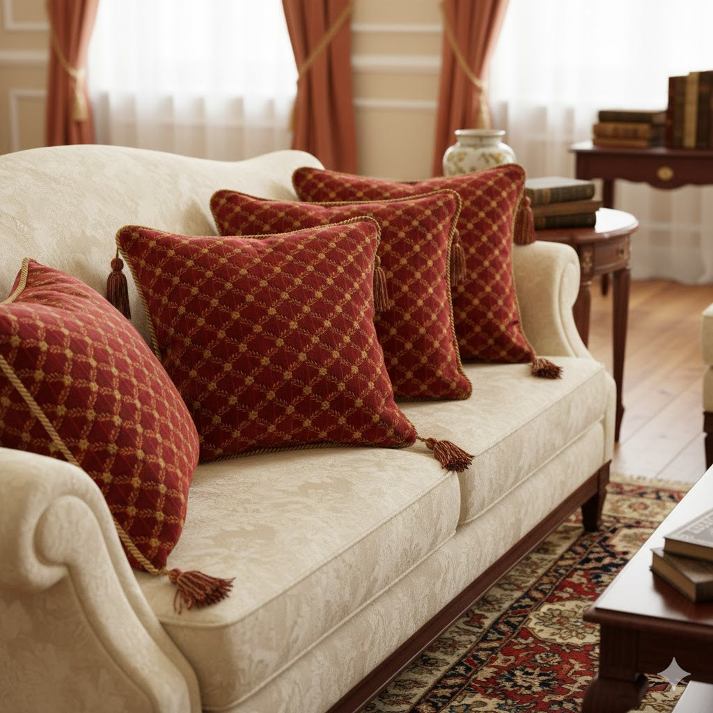 Regal Ruby Red & Gold Damask Throw Pillow with Tassels | Luxury Accent Cushion