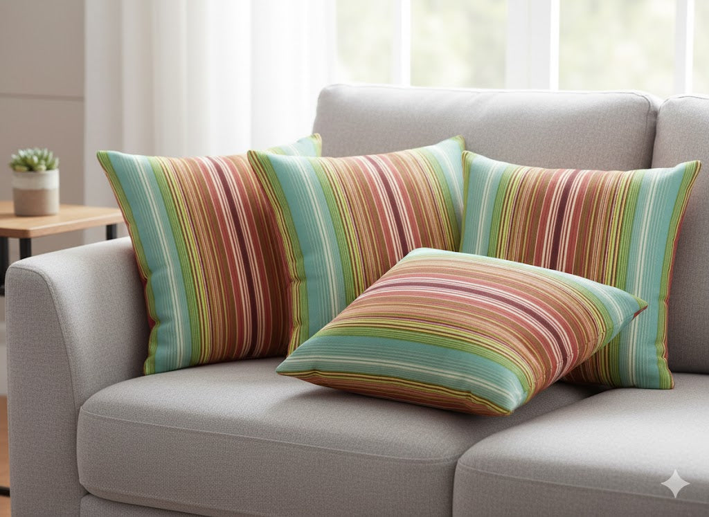 Bohemian Multi-Stripe Throw Pillow - Terracotta & Teal Accent Cushion