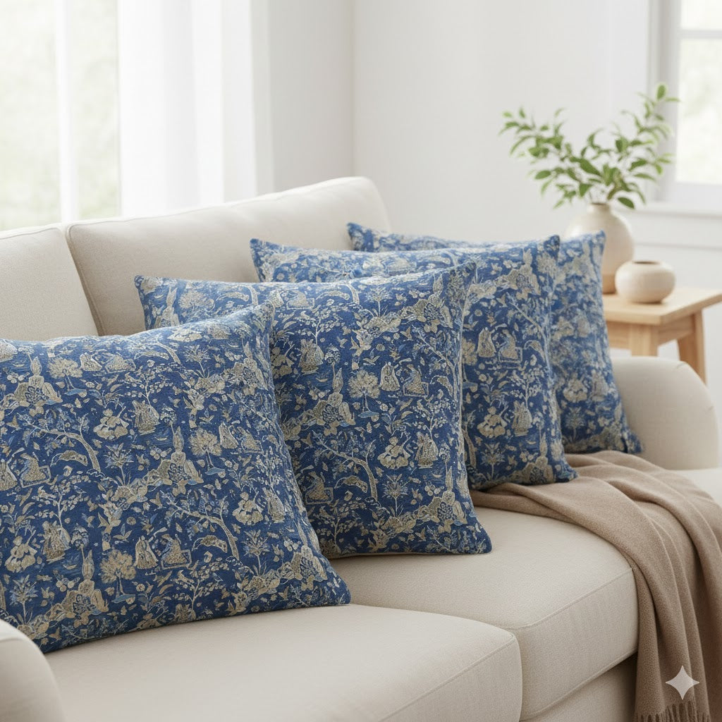 Indigo Mughal Garden Toile Square Throw Pillow Cover