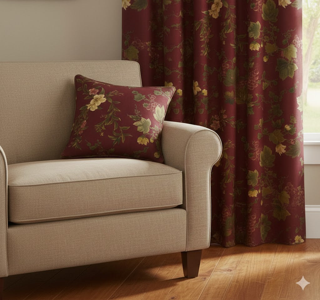 Vintage Burgundy Grapevine Throw Pillow | French Country Floral Accent Cushion