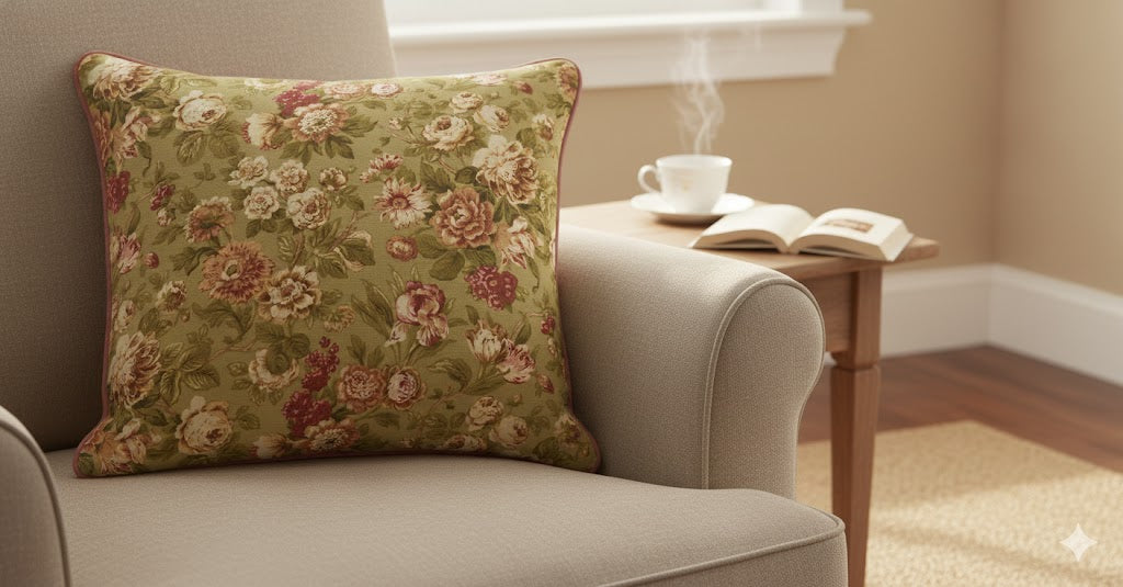 French Country Rose Floral Throw Pillow | Olive Green Botanical Cushion