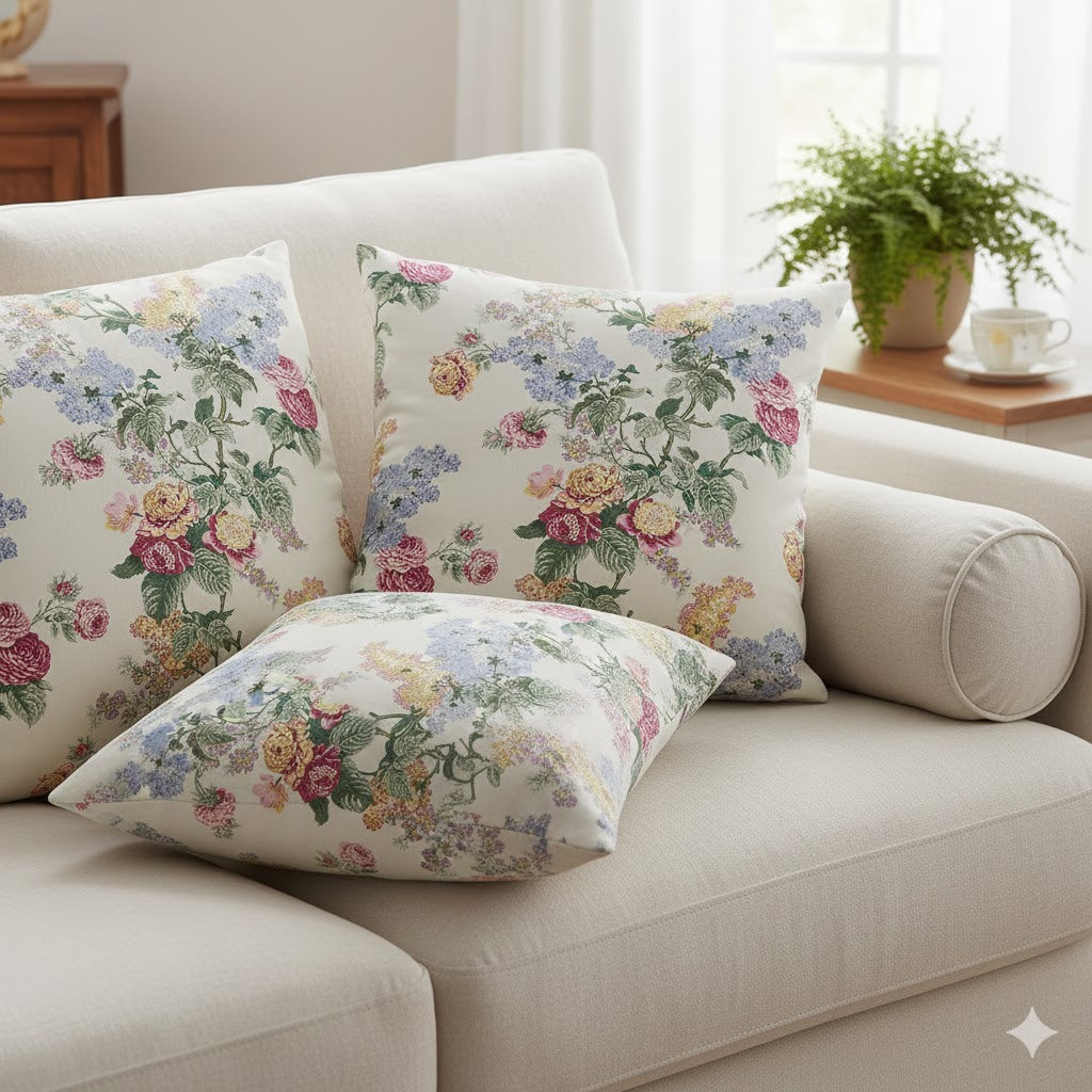 Vintage English Floral Throw Pillow - Rose & Lilac Chintz Accent Cushion