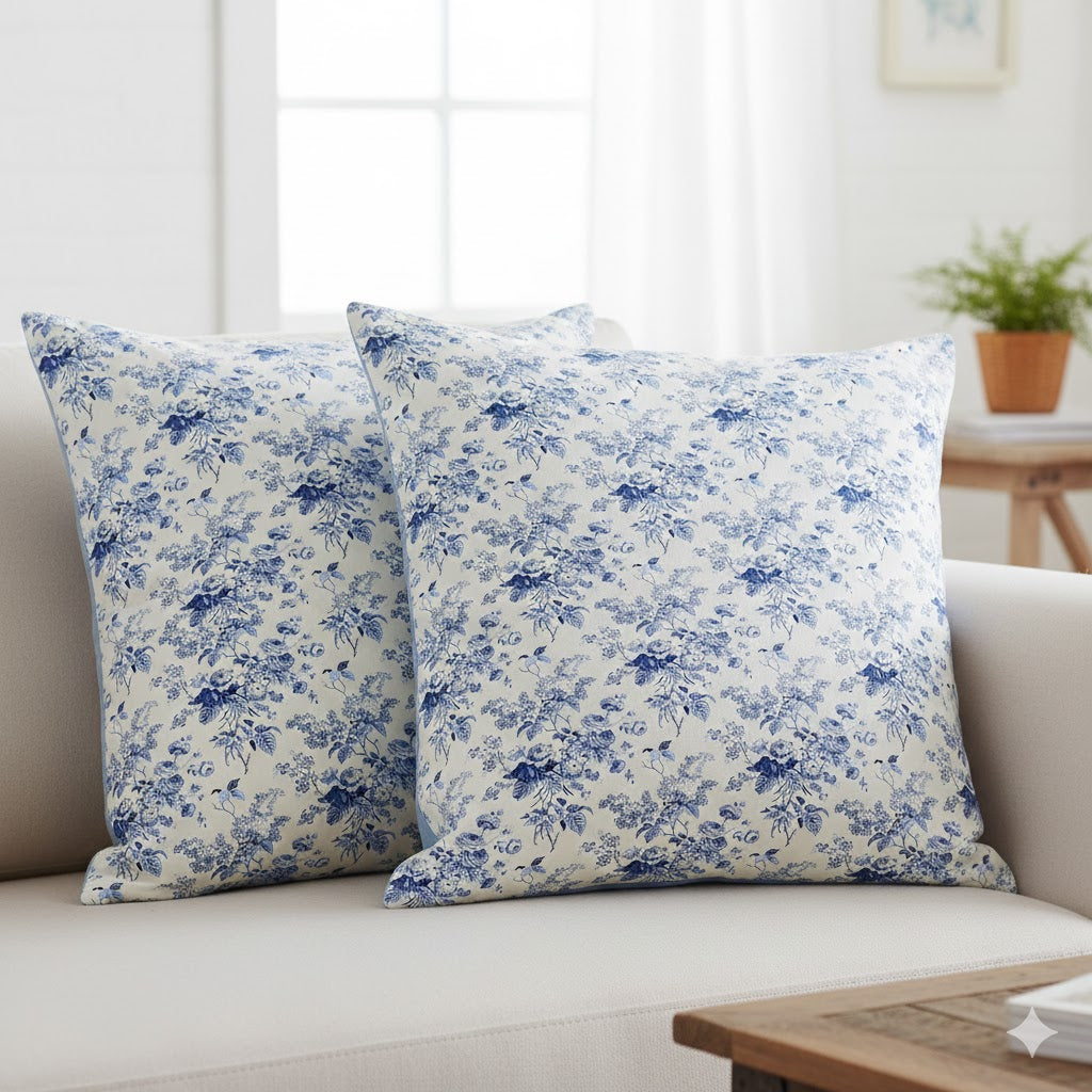 Blue & White Toile Floral Throw Pillow Cover - French Country Decorative Cushion