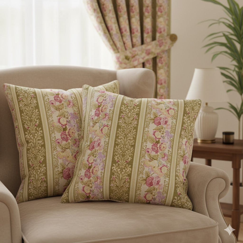 Victorian Rose Stripe Decorative Pillow - Elegant Floral Throw Cushion