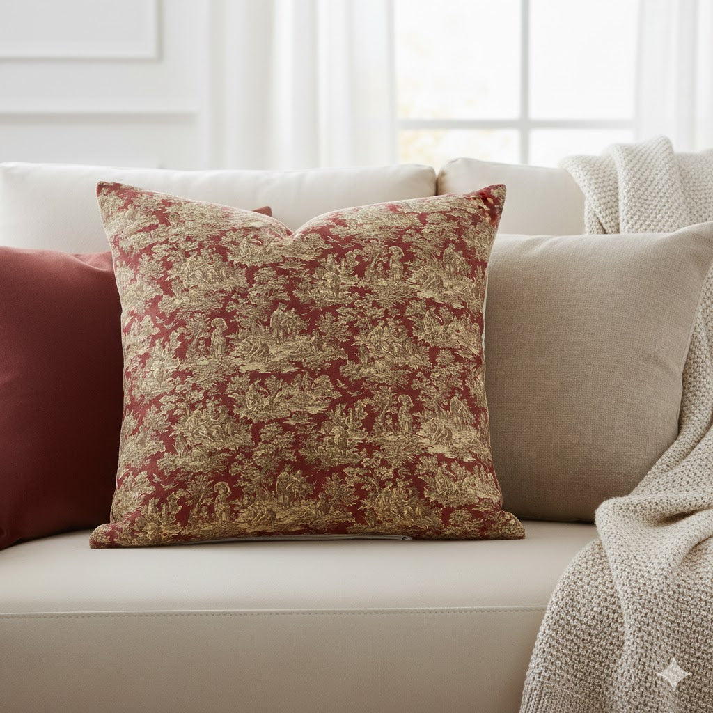 Bordeaux Red Toile de Jouy Decorative Pillow - French Country Accent Throw Cushion