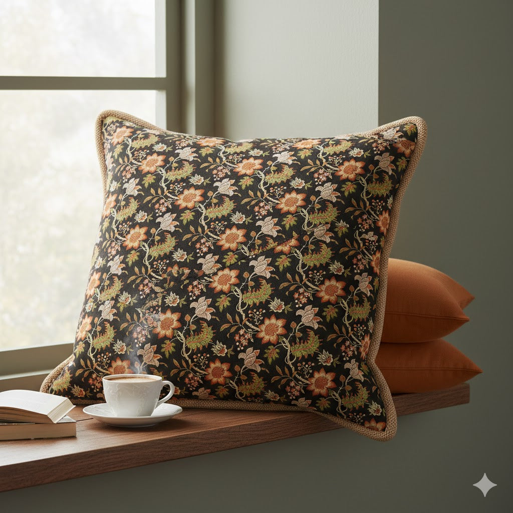 Vintage Jacobean Floral Accent Pillow | Rustic Boho Dark Ground Throw Cushion Cover