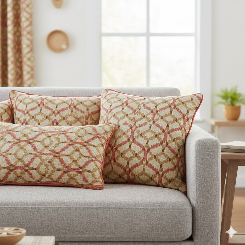 Ikat Ogee Trellis Throw Pillow - Bohemian Coral & Gold Decorative Cushion