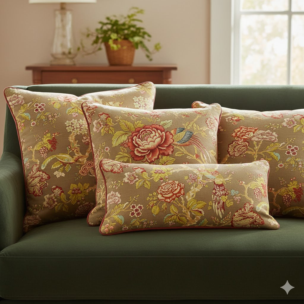Chinoiserie Bird & Floral Throw Pillow - Tan Jacobean Decorative Cushion with Red Piping