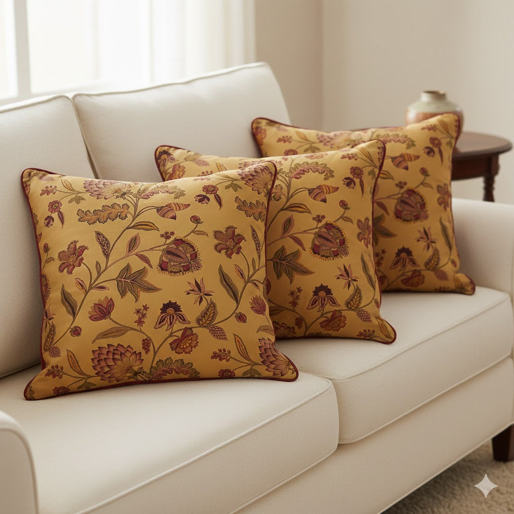 Kalamkari Print Throw Pillow Cover | Rustic Indian Chintz Floral Cushion | Mustard Gold & Burgundy Accent Pillow
