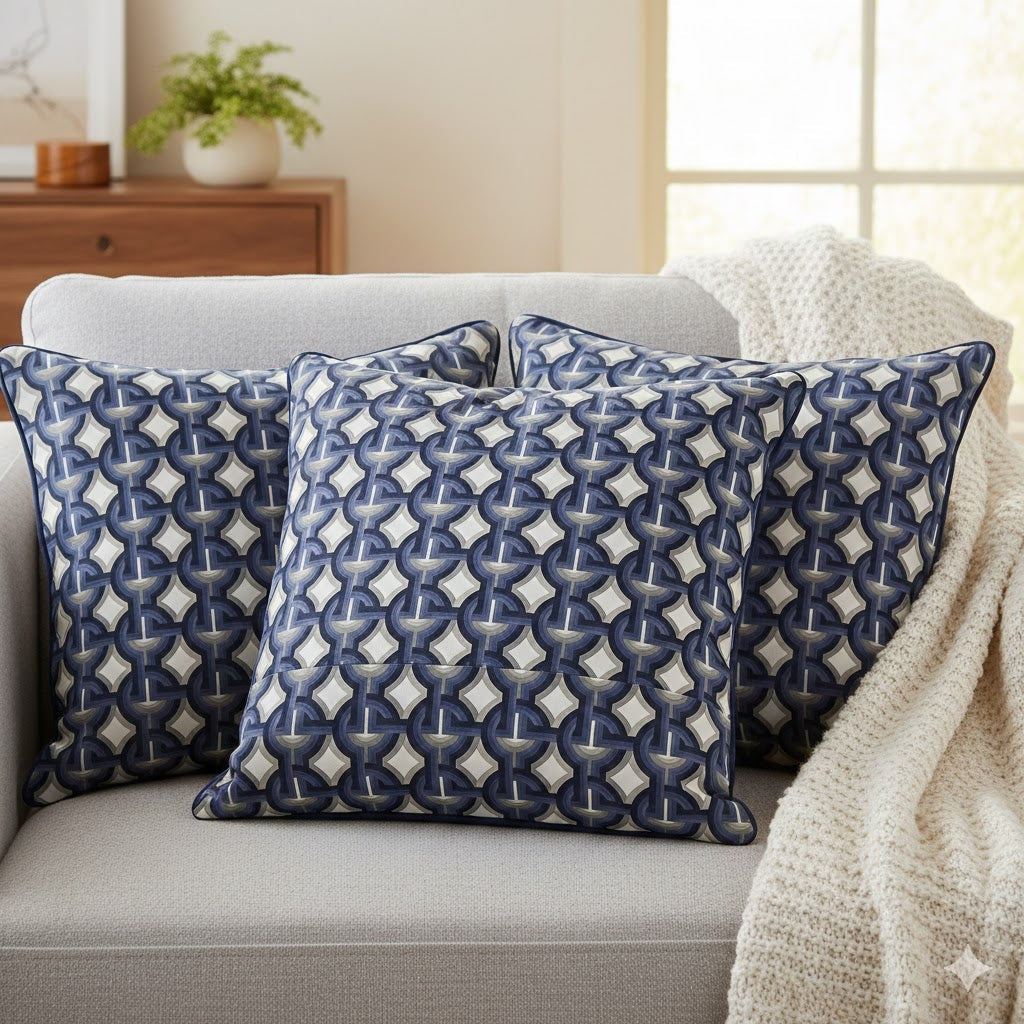 Mid-Century Geometric Chain Throw Pillow — Navy Blue & Gray Interlocking Pattern Cushion Cover