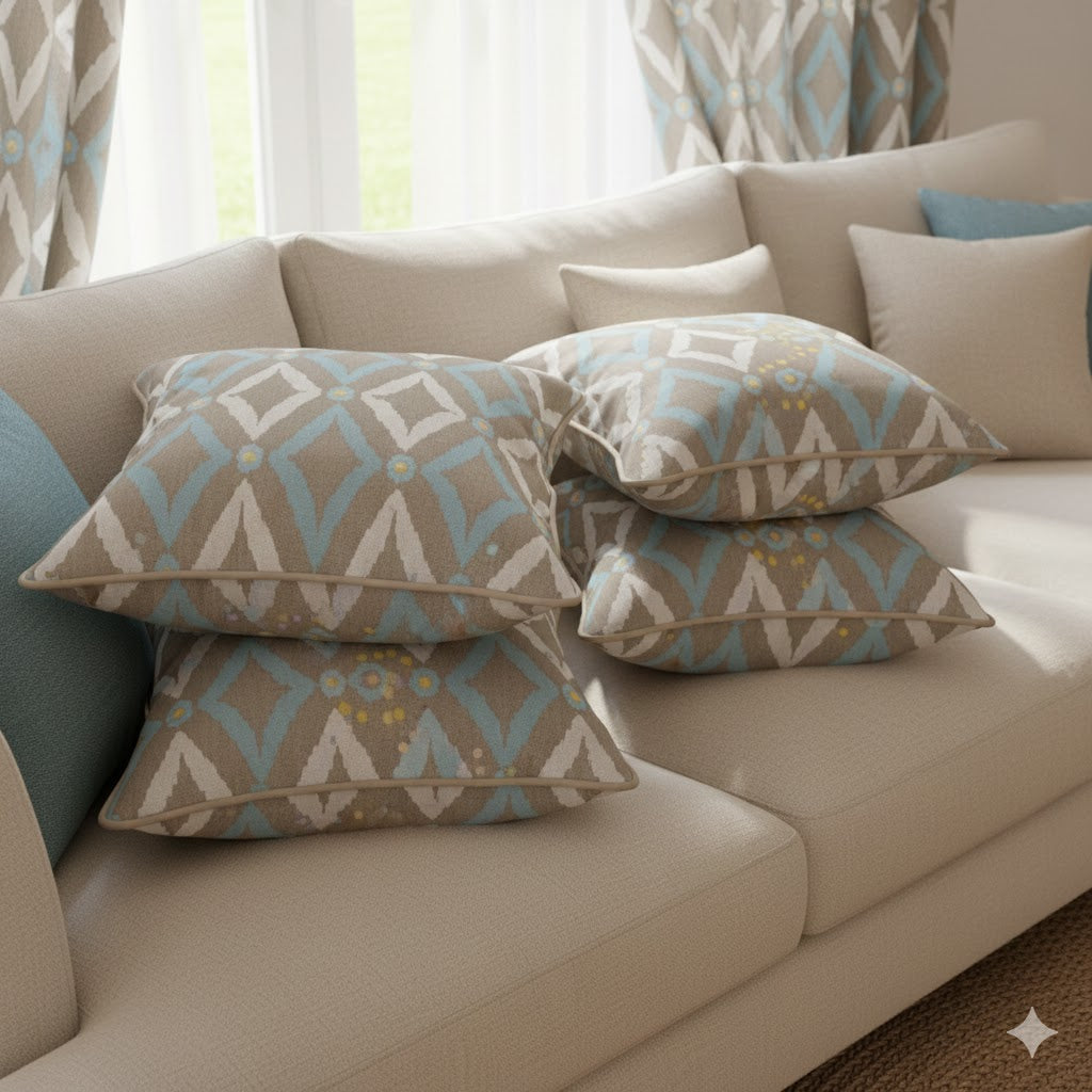 Boho Diamond Ikat Throw Pillow Cover | Taupe & Soft Blue Geometric Cushion