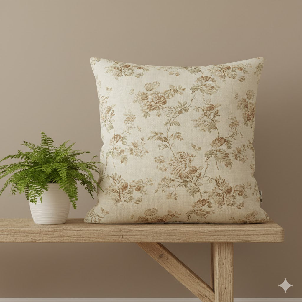 Vintage Cottage Rose Throw Pillow - Brown & Cream Floral Accent Cushion