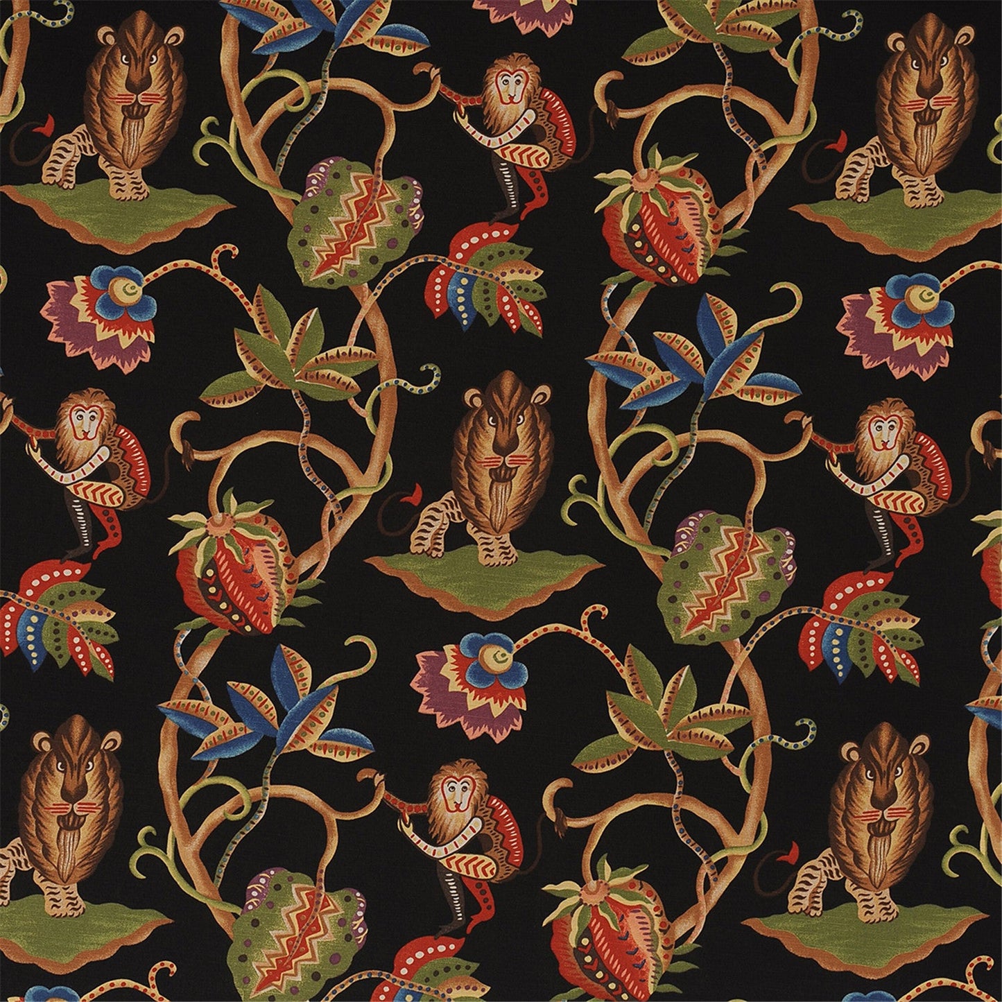 Whimsical Jungle Fabric - Lions & Monkeys on Black Background - Exotic Floral Animal Print for Upholstery & Decor