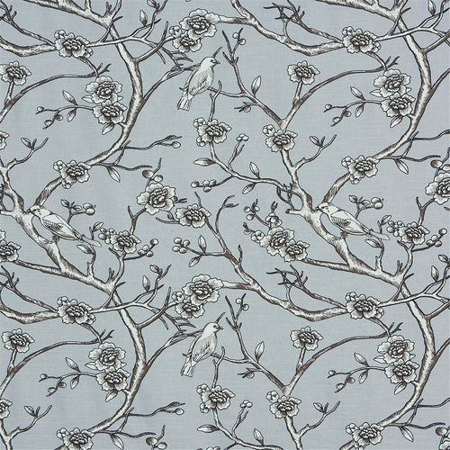 Elegant Chinoiserie Bird and Floral Cotton Fabric - Light Grey & Sepia