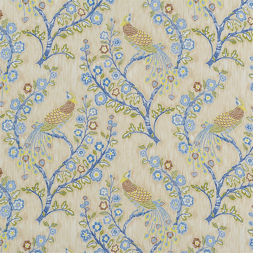 Regal Peacock & Chinoiserie Floral Fabric - Blue & Gold Tapestry Print