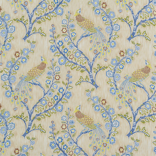 Regal Peacock & Chinoiserie Floral Fabric - Blue & Gold Tapestry Print