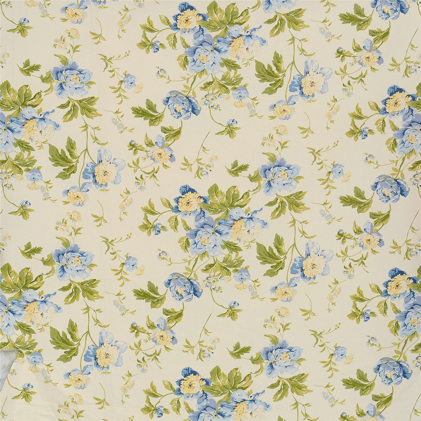Elegant Blue Peony Floral Print Cotton Fabric - Shabby Chic Rose Vine Pattern