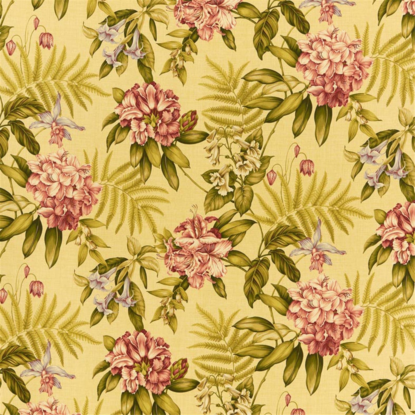 Vintage Tropical Floral Fabric - Pink Peonies & Green Ferns on Yellow Ground