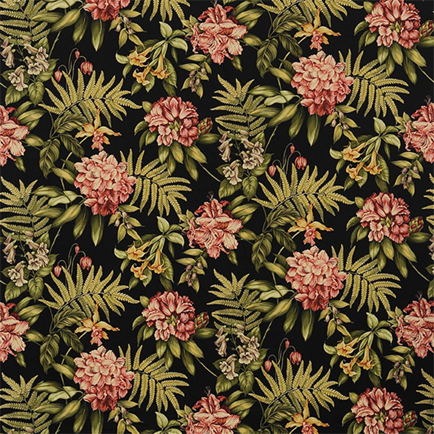 Lush Tropical Night Floral Fabric - Black Background Heavy Upholstery