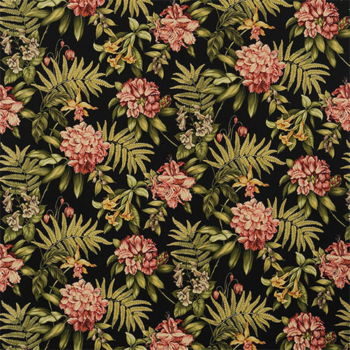 Lush Tropical Night Floral Fabric - Black Background Heavy Upholstery