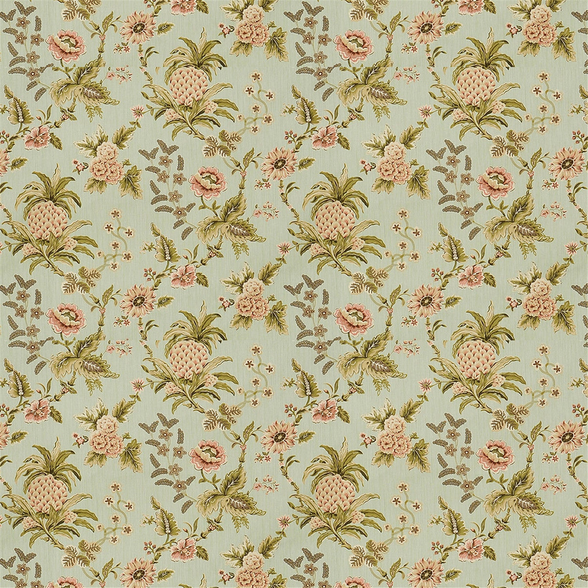 Elegant Sage Green Pineapple & Floral Print Fabric