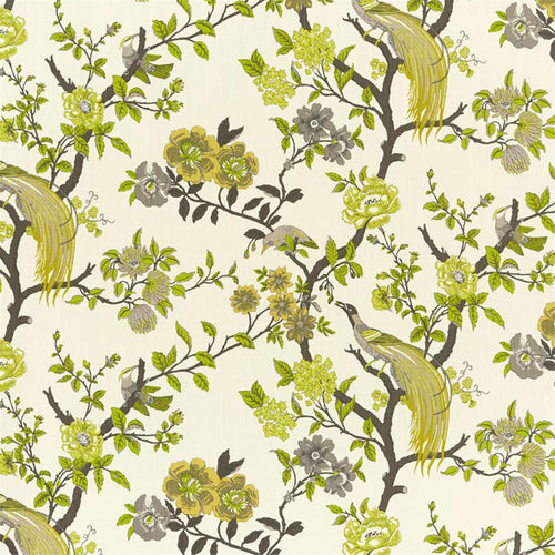 Vibrant Lime & Charcoal Chinoiserie Fabric | Elegant Floral and Exotic Bird Pattern | Upholstery & Curtain Material
