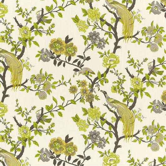 Vibrant Lime & Charcoal Chinoiserie Fabric | Elegant Floral and Exotic Bird Pattern | Upholstery & Curtain Material