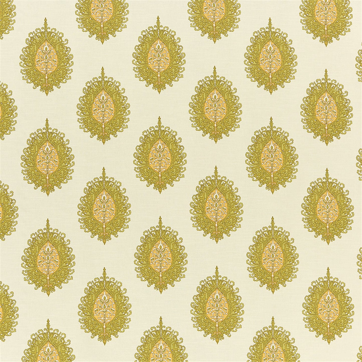 Luxury Brocade Style Ogee Print Fabric | Chartreuse Green & Cream Drapery Material