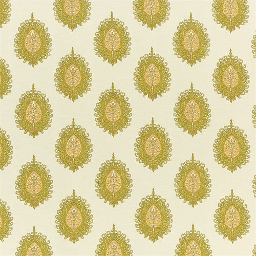 Luxury Brocade Style Ogee Print Fabric | Chartreuse Green & Cream Drapery Material
