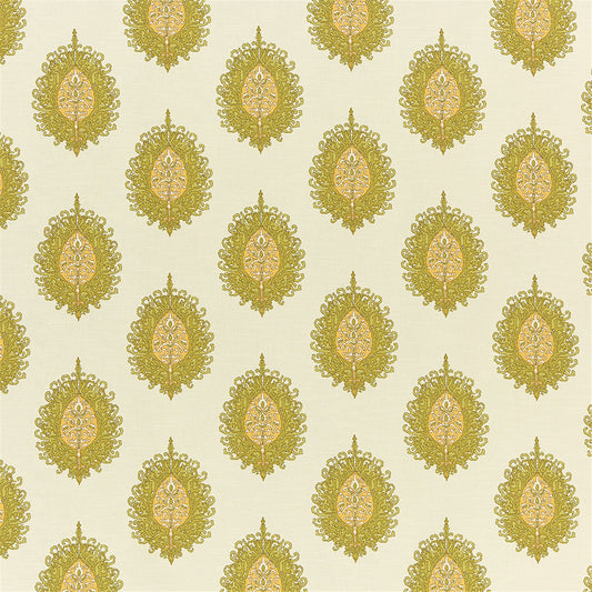 Luxury Brocade Style Ogee Print Fabric | Chartreuse Green & Cream Drapery Material