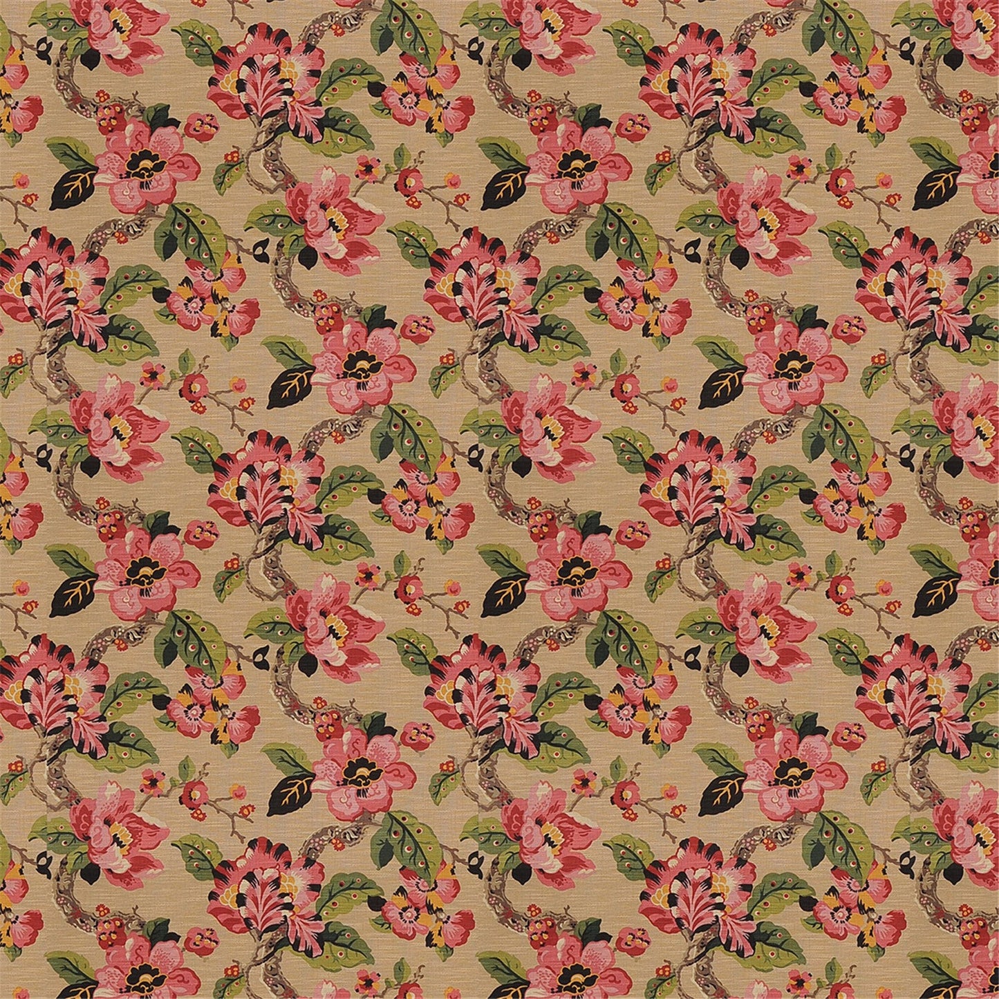 Vintage Chinoiserie Floral Fabric | Pink & Red Peony Design on Khaki