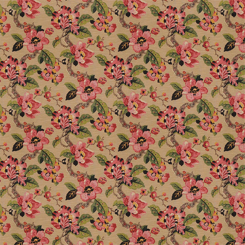 Vintage Chinoiserie Floral Fabric | Pink & Red Peony Design on Khaki