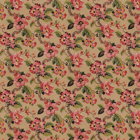 Vintage Chinoiserie Floral Fabric | Pink & Red Peony Design on Khaki
