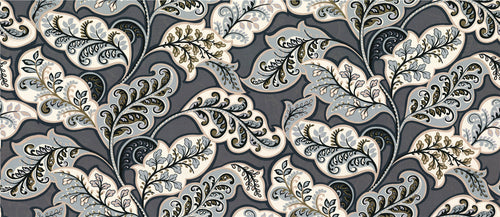Classic Jacobean Floral Fabric - Charcoal Grey & Blue Grey Leaf Pattern