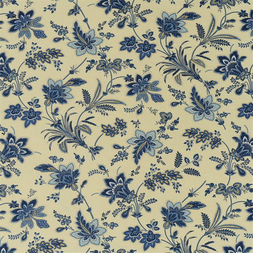 Classic Blue Floral & Vine Chintz Fabric on Cream – Vintage Style Upholstery & Curtain Material