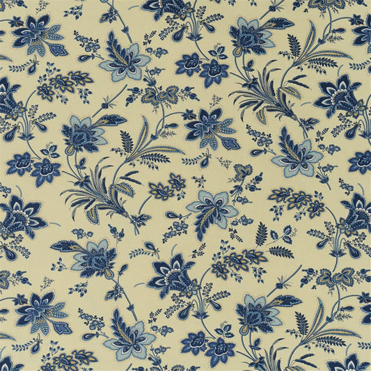 Classic Blue Floral & Vine Chintz Fabric on Cream – Vintage Style Upholstery & Curtain Material