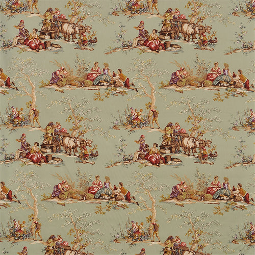 Classic Sage Green Toile de Jouy Fabric - French Pastoral Scene Upholstery & Drapery
