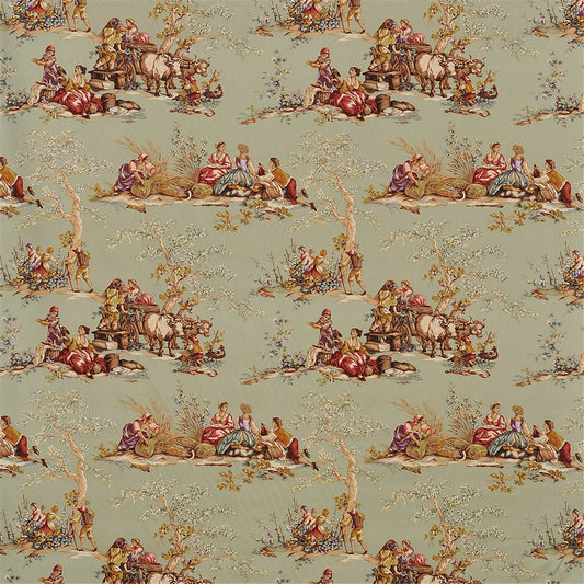 Classic Sage Green Toile de Jouy Fabric - French Pastoral Scene Upholstery & Drapery
