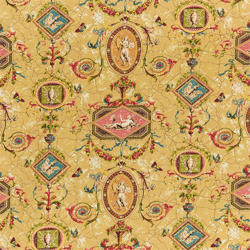 Antique Gold French Toile de Jouy Style Fabric with Classical Figures & Garlands