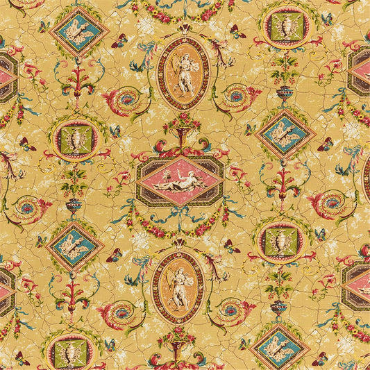 Antique Gold French Toile de Jouy Style Fabric with Classical Figures & Garlands