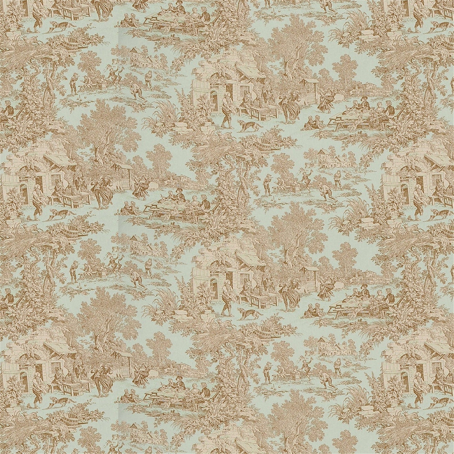 Classic Blue and Sepia Toile de Jouy Fabric - French Countryside Scenic Print