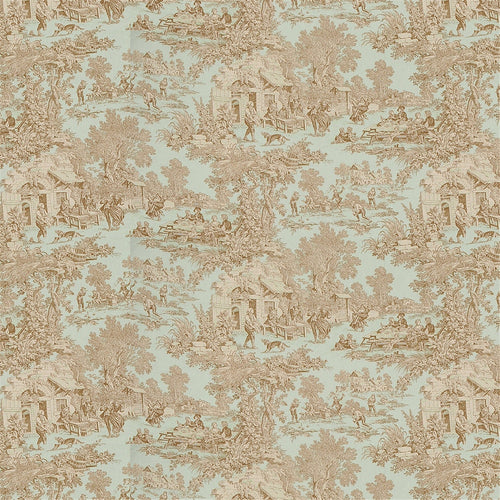Classic Blue and Sepia Toile de Jouy Fabric - French Countryside Scenic Print
