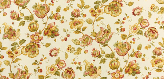 Vintage Chinoiserie Floral Fabric - Cream Background with Crimson and Gold Blooms