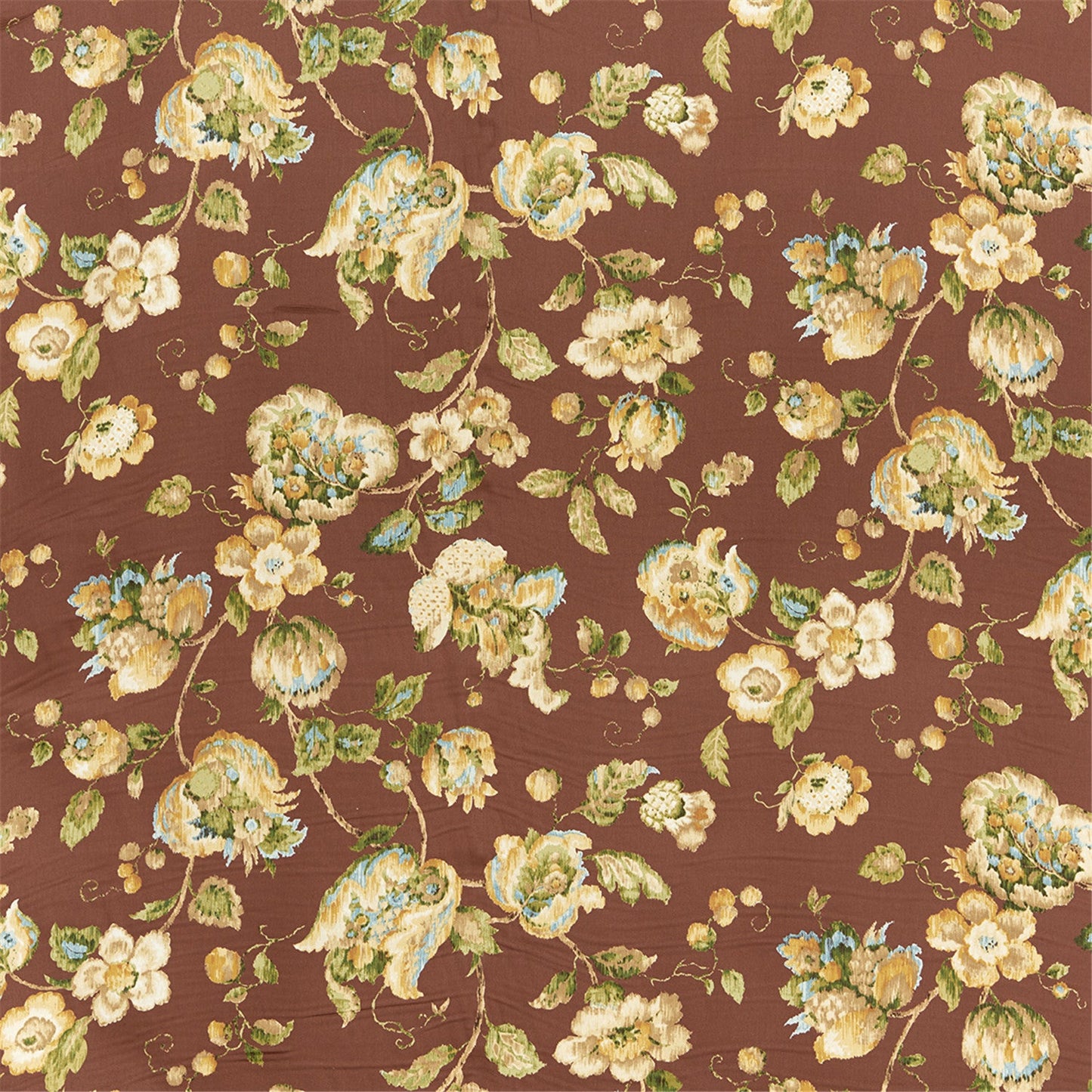 Elegant Chinoiserie Floral Fabric - Goldenrod & Sage on Rich Brown Ground | Designer Upholstery & Drapery Material
