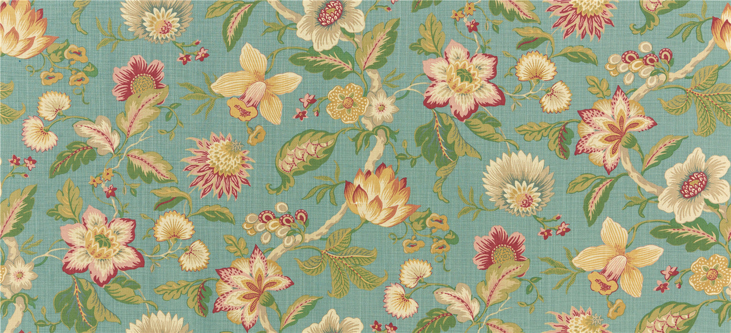 Heirloom Chinoiserie Floral Fabric - Aqua Teal, Blush Pink & Gold Botanical Upholstery/Curtain Material