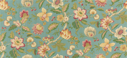 Heirloom Chinoiserie Floral Fabric - Aqua Teal, Blush Pink & Gold Botanical Upholstery/Curtain Material