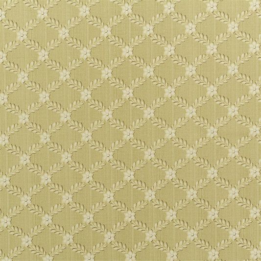Sage Green Woven Trellis Fabric with White Floral Accent - Traditional Cottage Upholstery/Craft Material